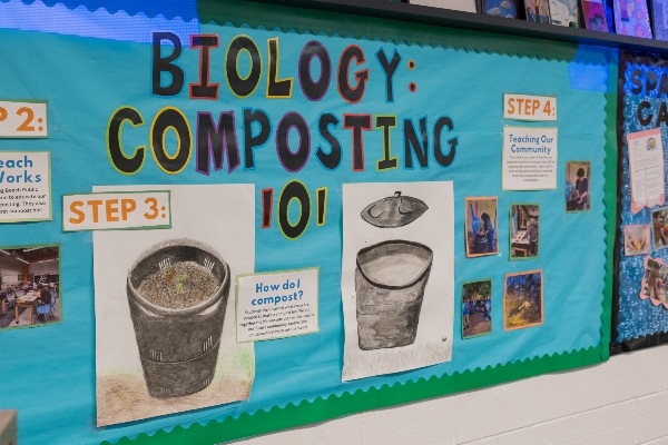 Hallway wall with Biology: Composting 101 bulletin board