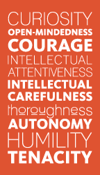 Graphic with orange background and white writing that lists out the intellectual virtues