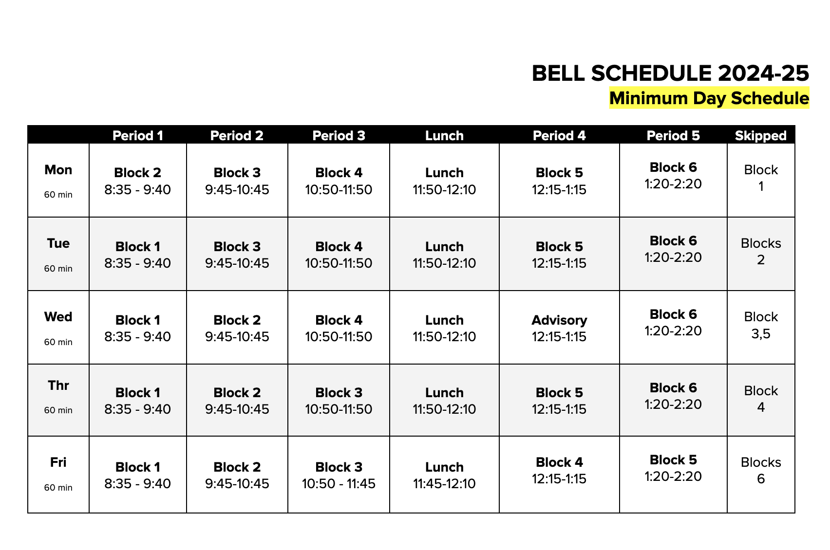 Graphic showing a table with days and times of each class