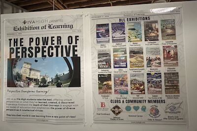 A display at the IVA High exhibition of learning explains the exhibits. There is a large headline that tells the theme of the event: The Power of Perspective.