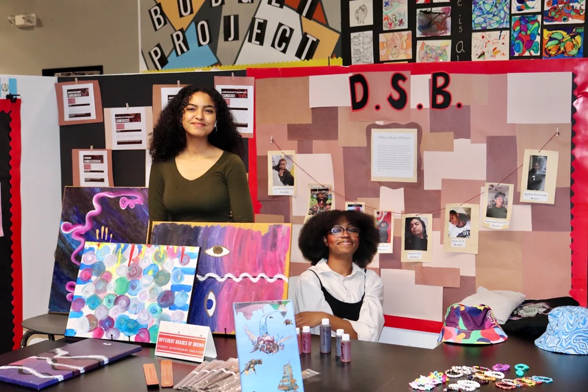 Two students from IVA High share art and reflections from a school based project during the Exhibition of Learning.