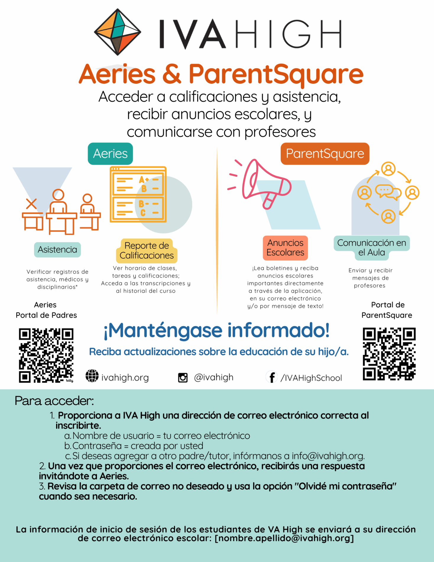 Infographic showing how to use the Aeries & ParentSquare platforms in Spanish