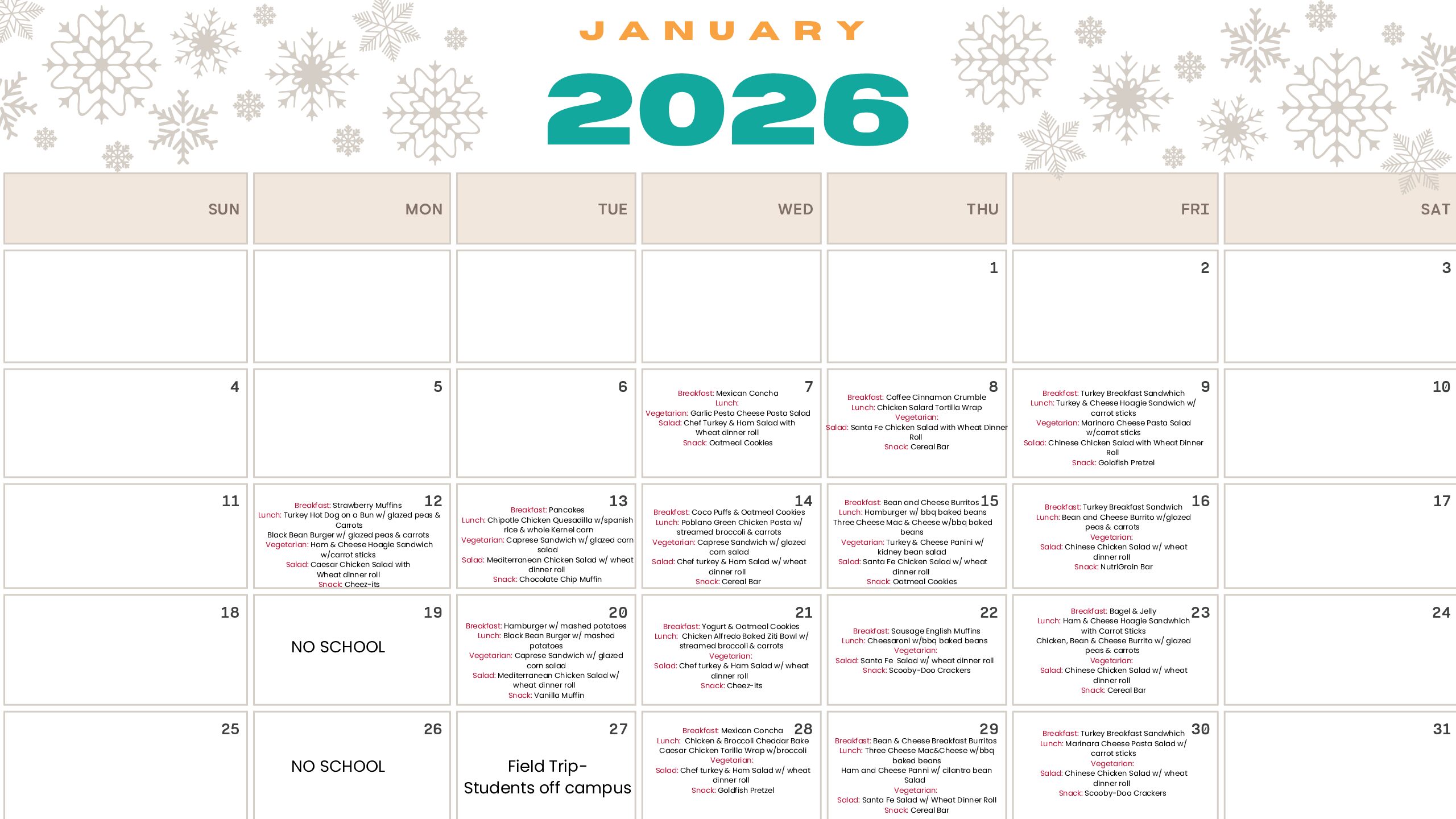 Jan 2026 Lunch Calendar