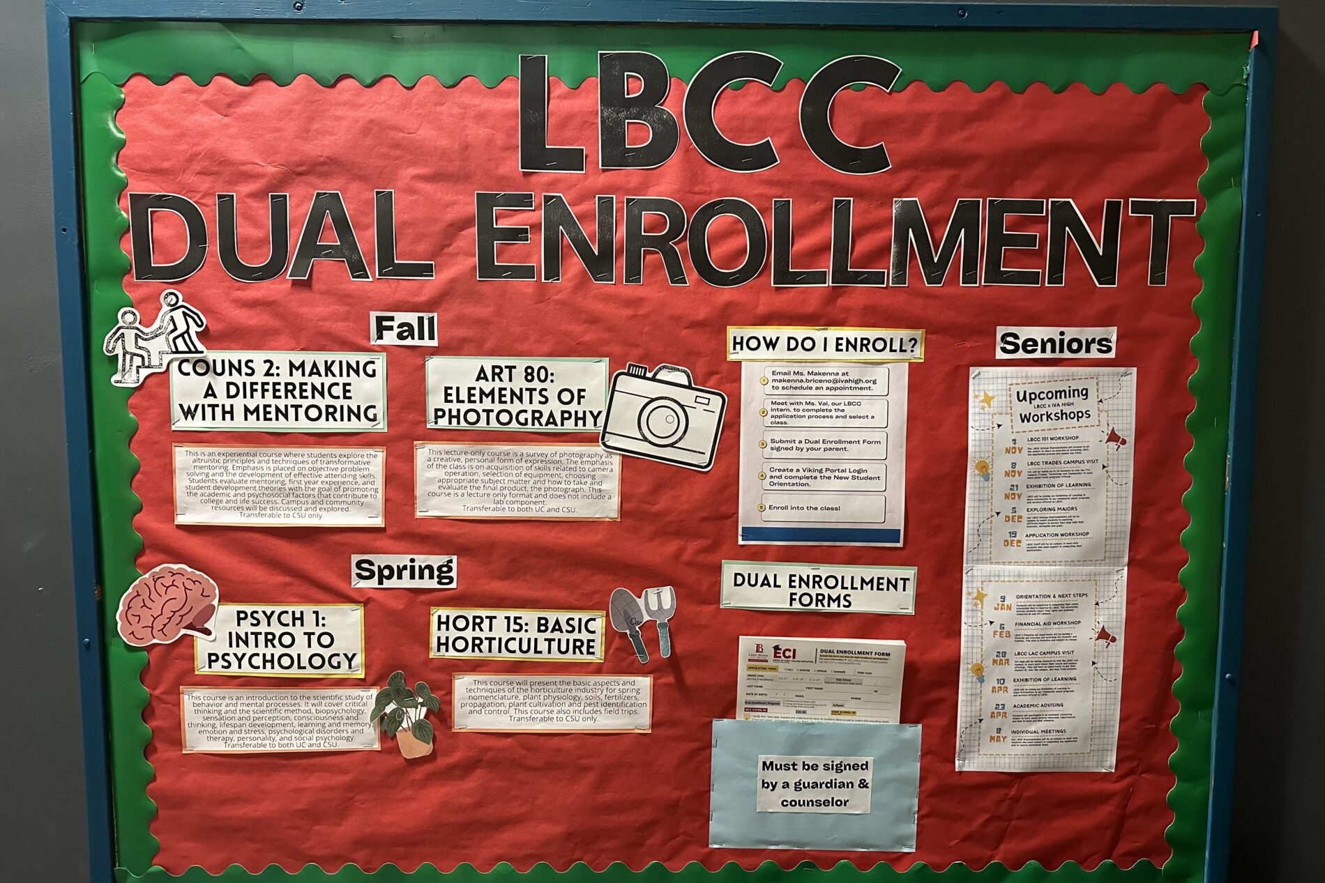 A bulletin board at IVA High in Long Beach with information regarding the dual enrollment program with LBCC