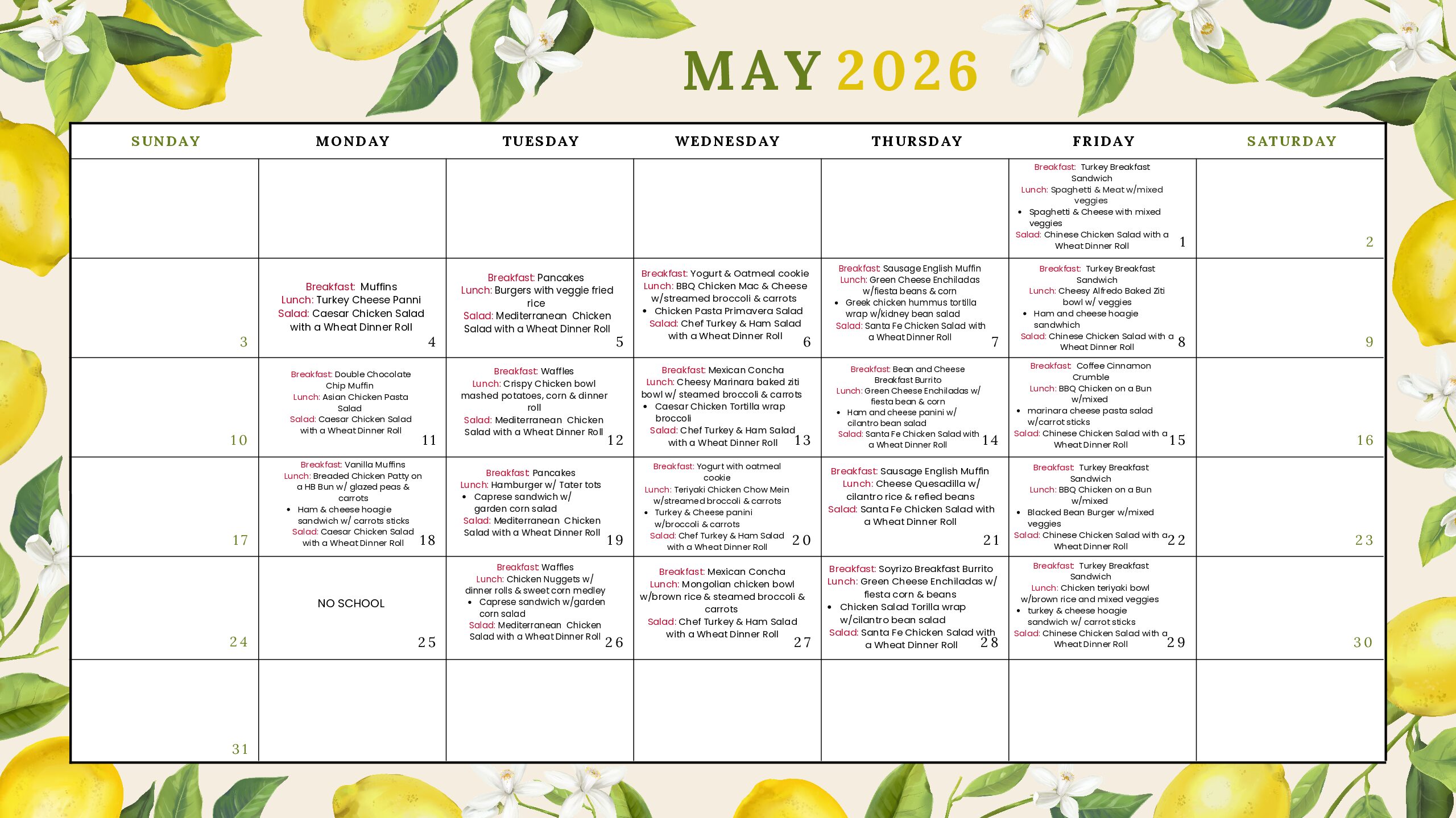 May 2026 Lunch Schedule IVA High